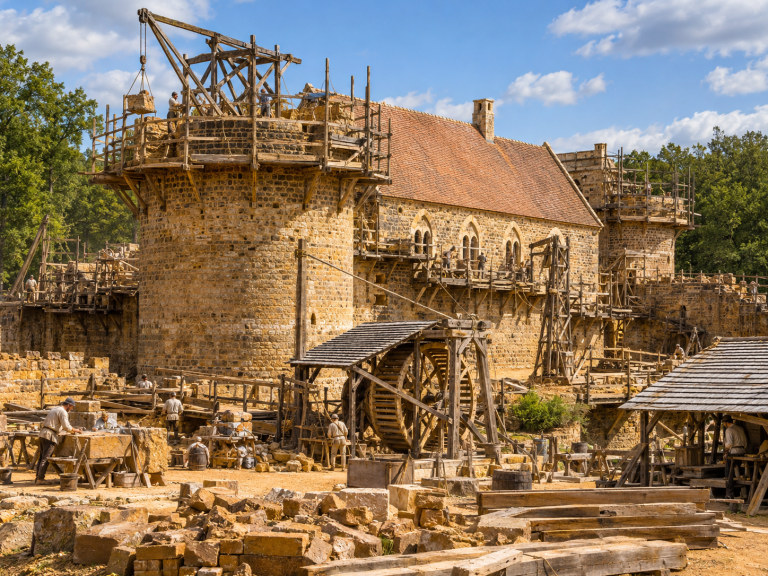 Illustration générée du château de Guédelon en construction, avec ses échafaudages et ses artisans