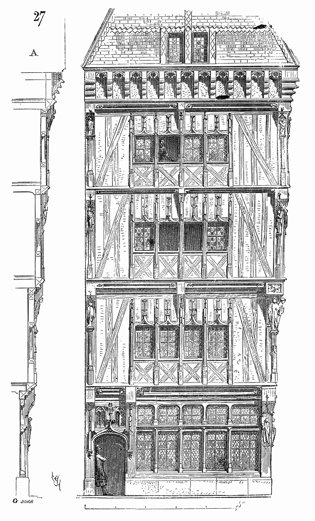Dessin d’une maison à pans de bois du XVe siècle à Rouen par Viollet-le-Duc