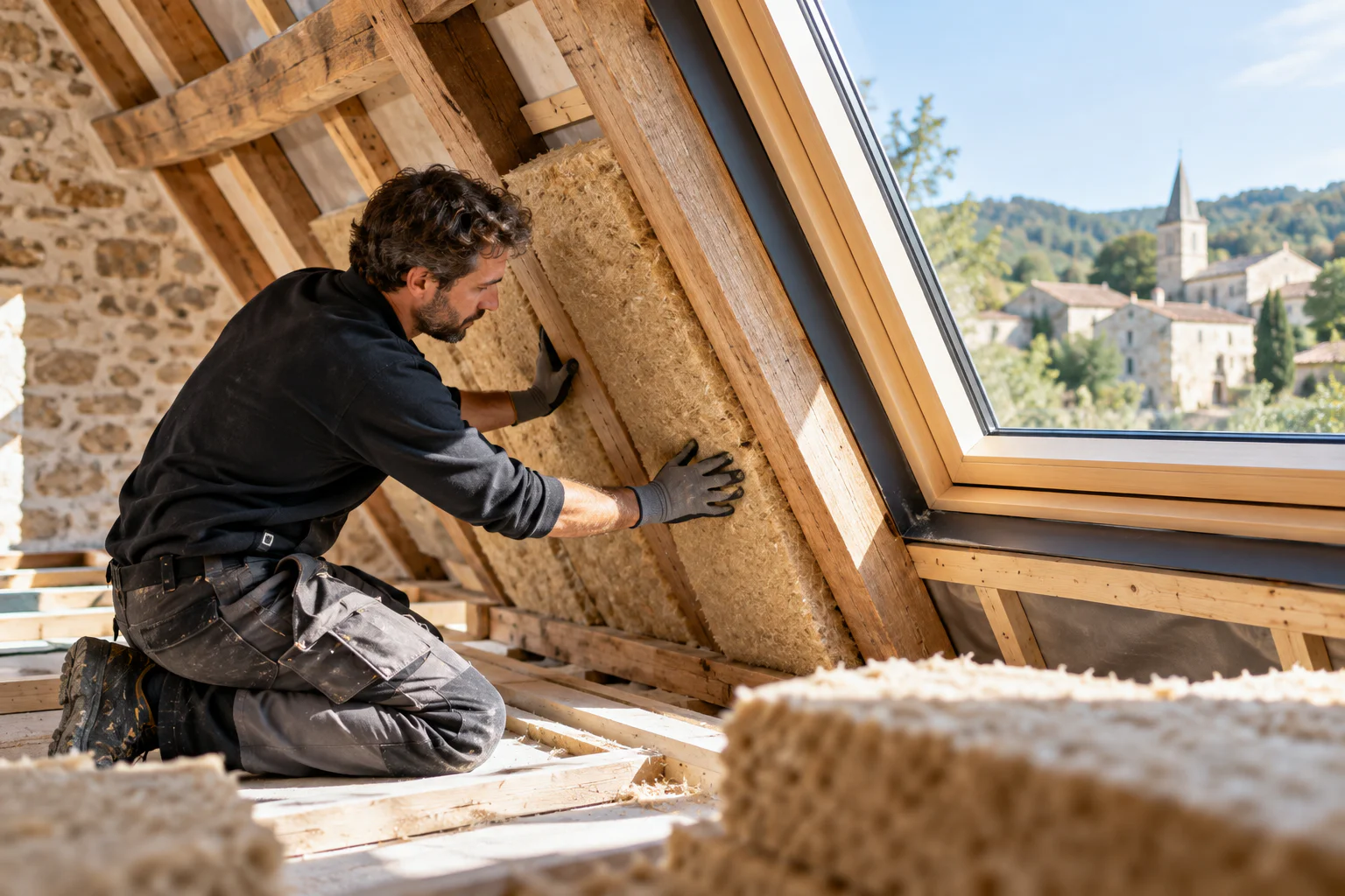 Artisan posant une isolation thermique sous la toiture