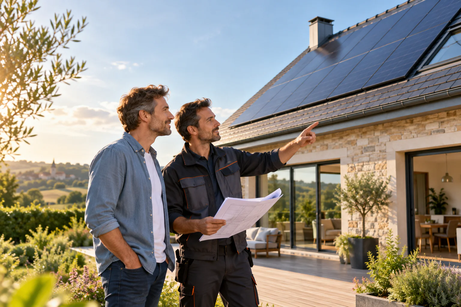 Conseiller expliquant l'énergie solaire à un couple