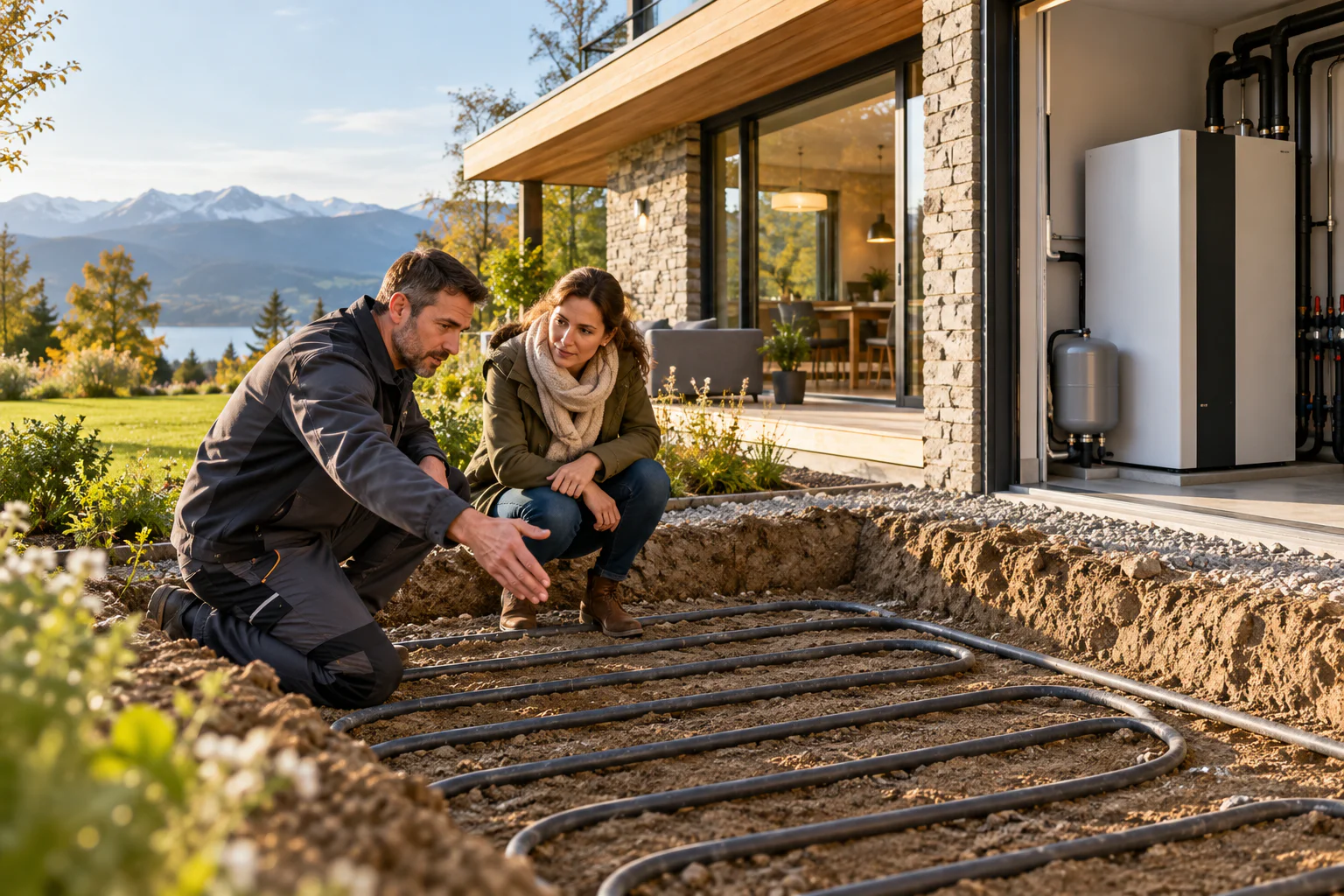 Installation géothermique avec des conduites enterrées dans un jardin