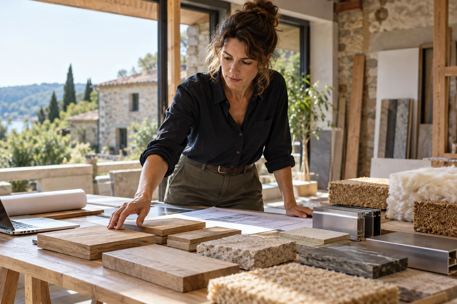 Architecte comparant des échantillons de matériaux durables