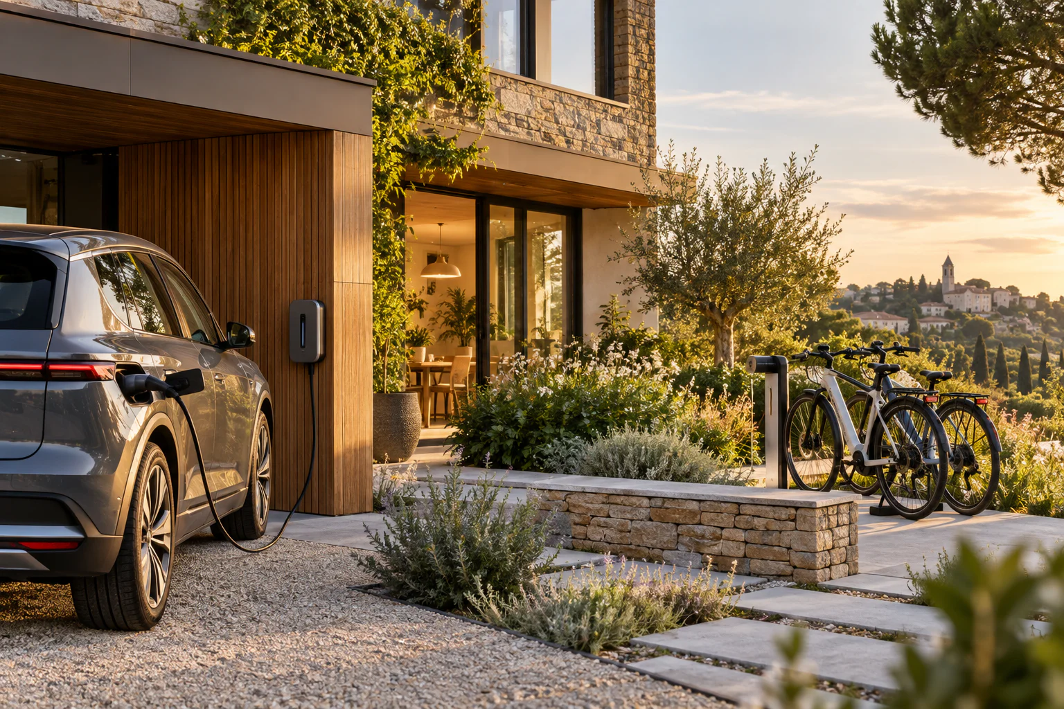 Maison équipée d'une borne de recharge pour voiture électrique et de vélos