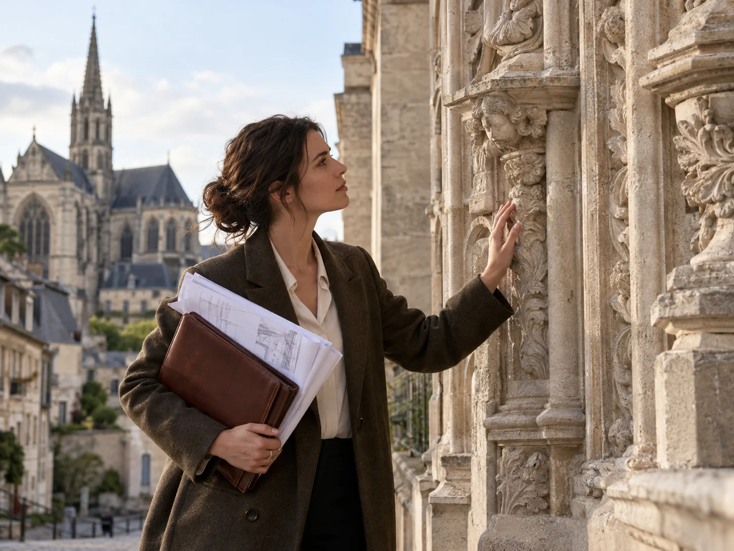 Spécialiste observant une façade historique en pierre
