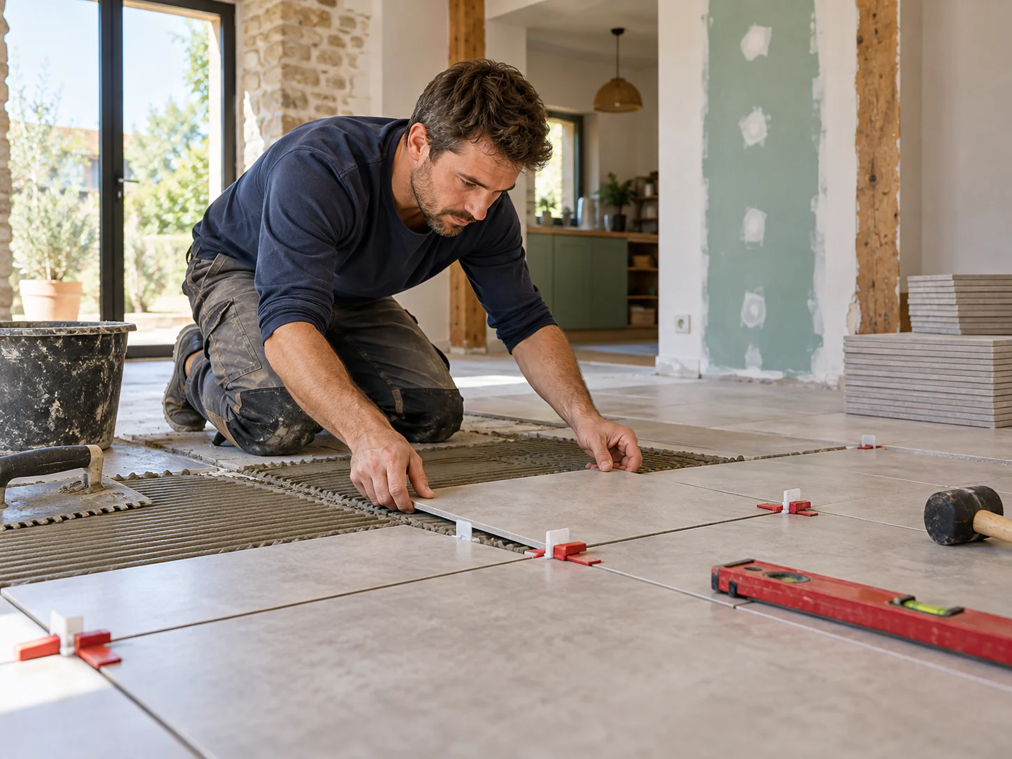 Rénovateur posant des carreaux de sol