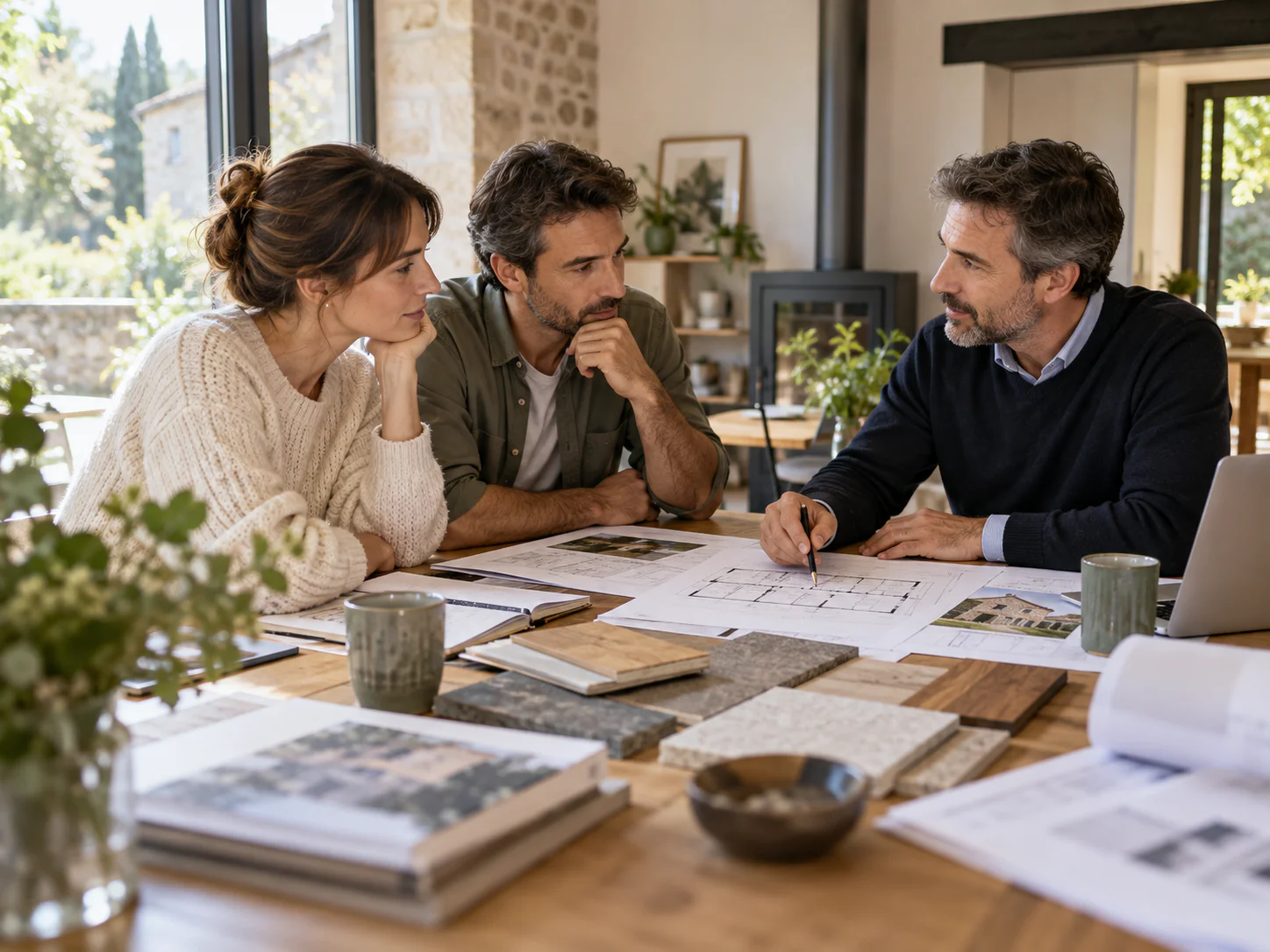 Propriétaires discutant de leur projet avec un conseiller autour de plans