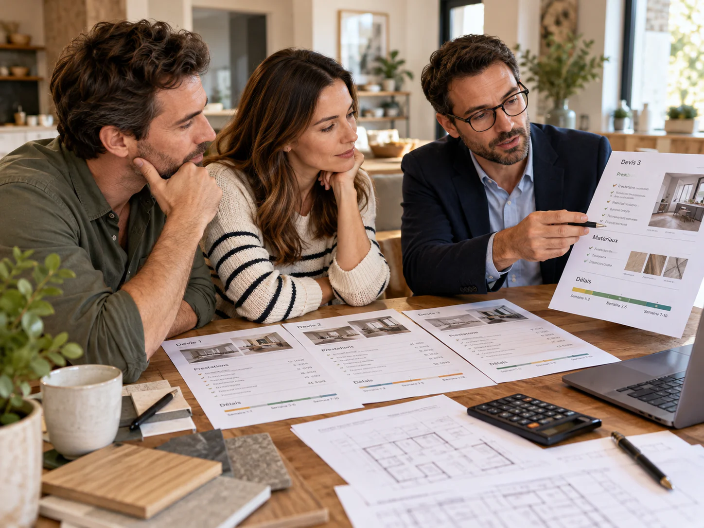 Couple comparant plusieurs devis de rénovation avec un professionnel