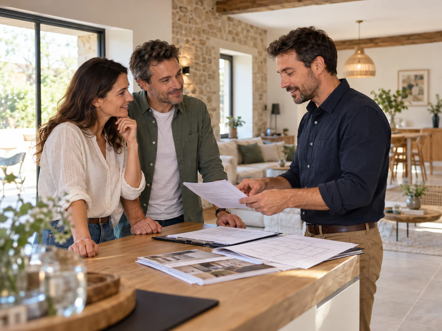 Professionnel remettant les documents de fin de travaux à des propriétaires