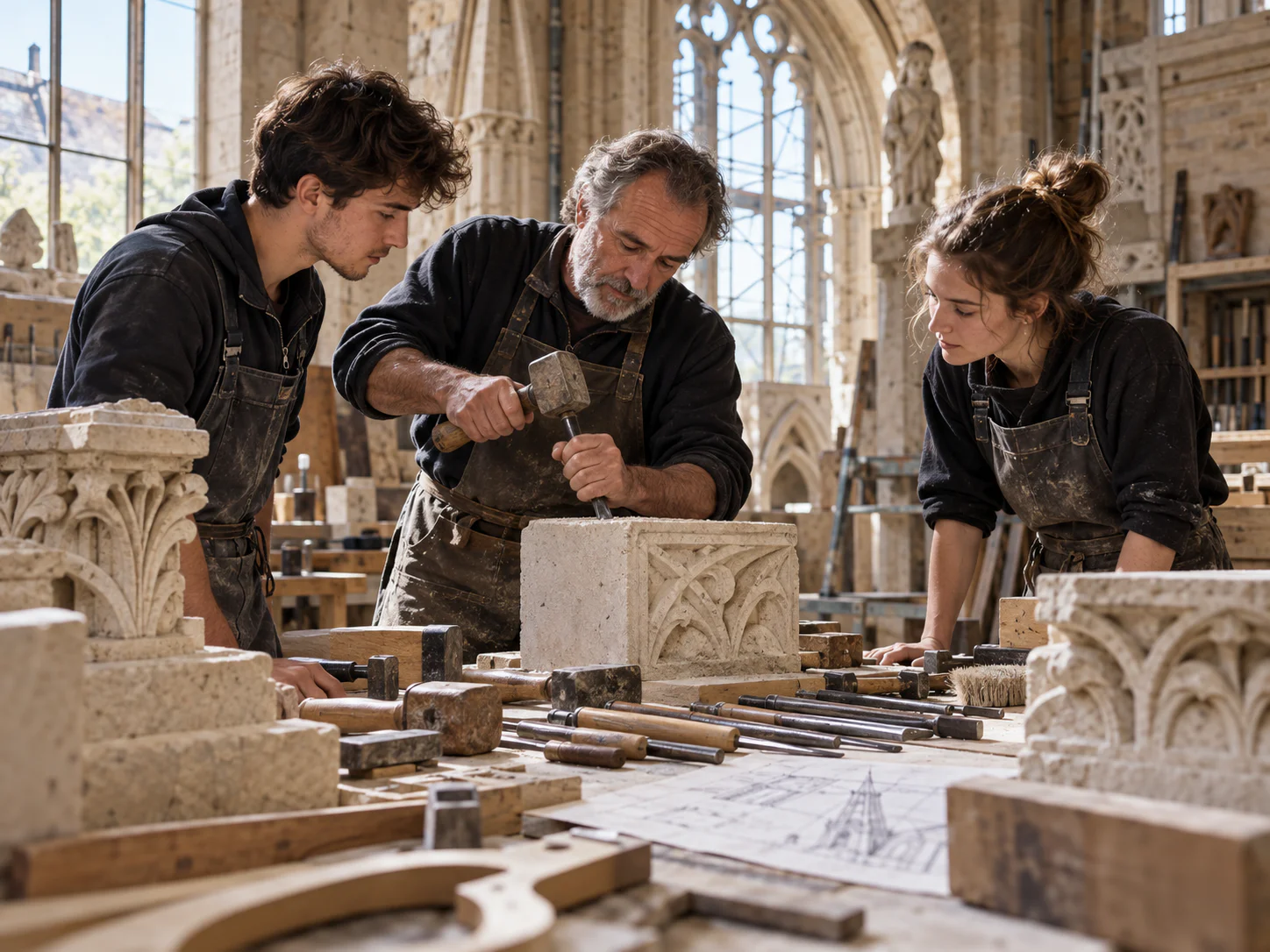 Maître tailleur de pierre transmettant son savoir-faire à des apprentis