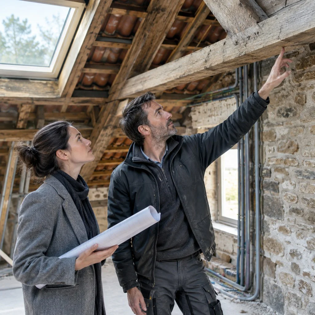 Professionnels examinant la structure et la toiture d’un bâtiment ancien en rénovation