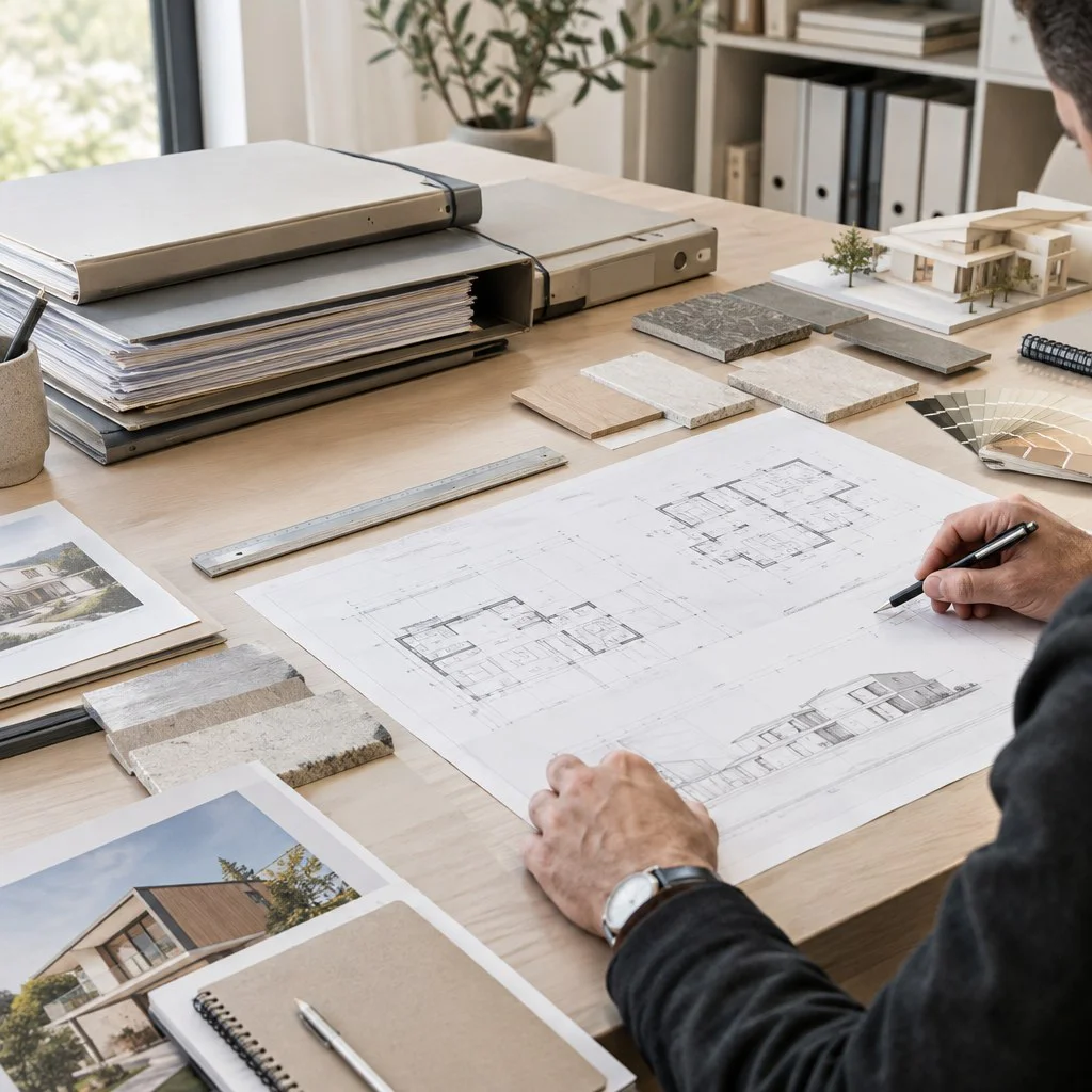 Dossier de permis de construire et plans d'architecte sur une table de travail.