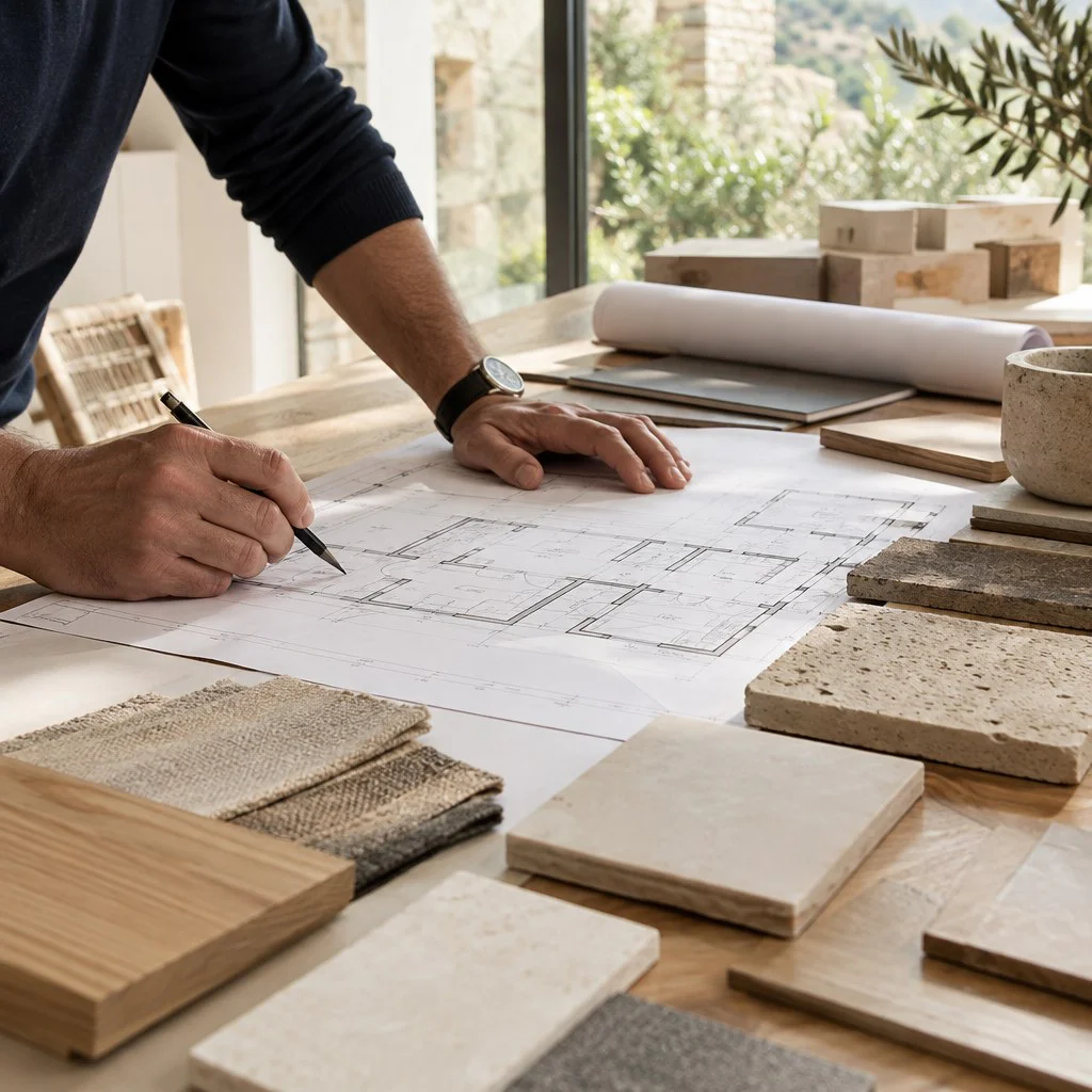 Étude de projet de construction avec plans et matériaux sur une table