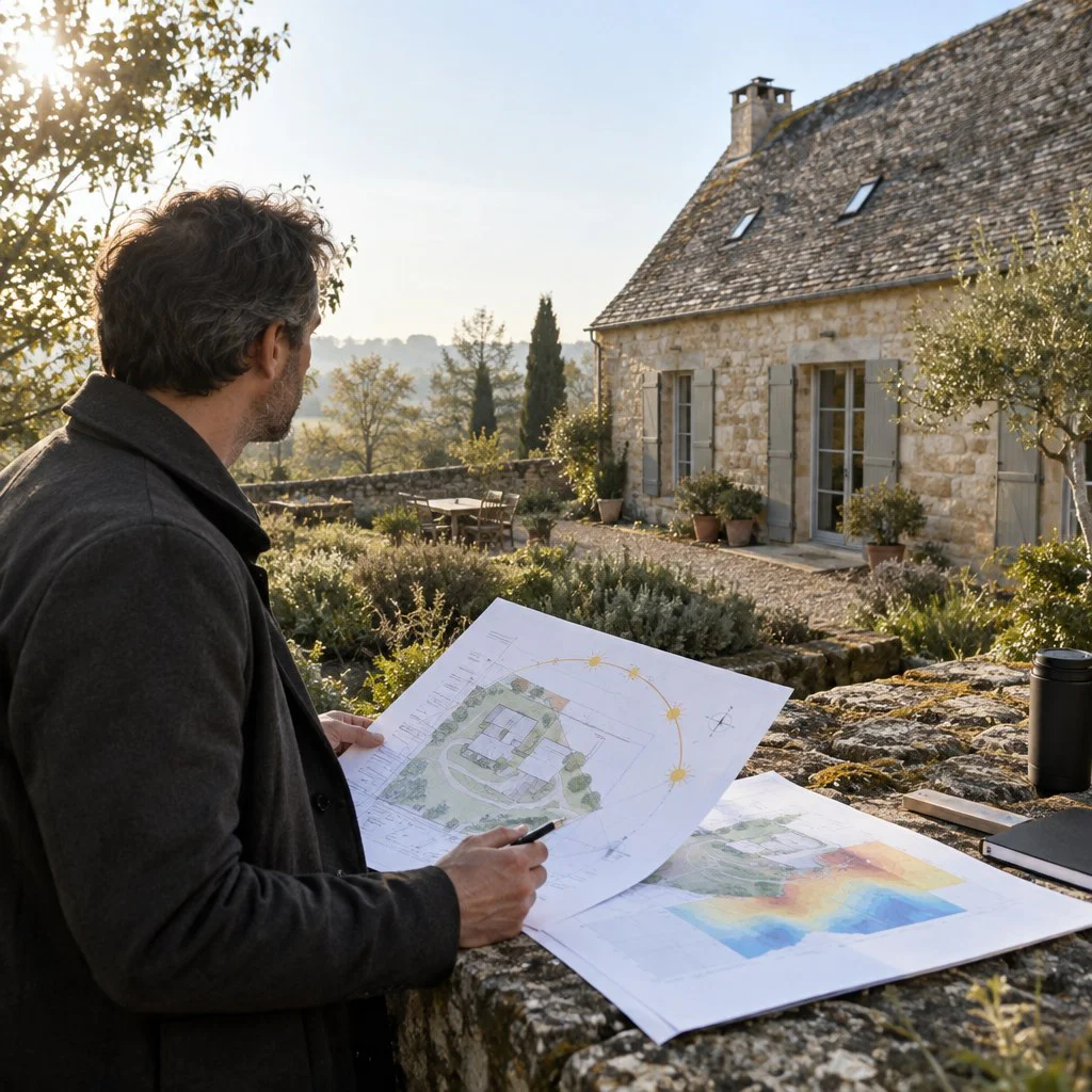 Architecte étudiant l'implantation d'un projet sur un terrain français.