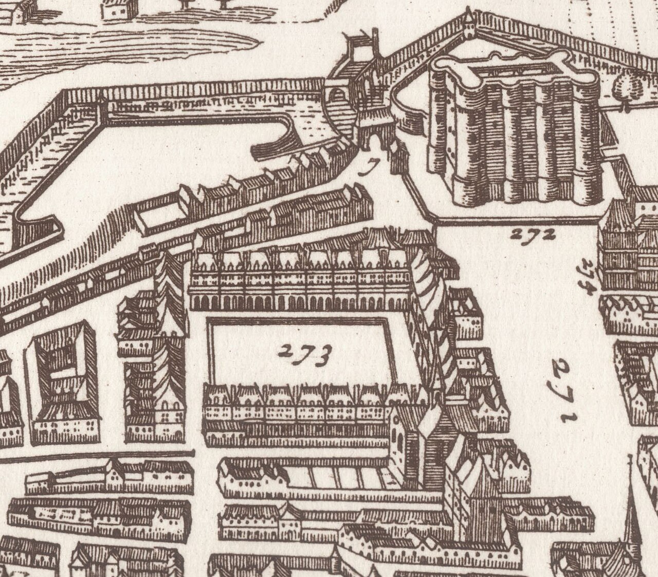 Représentation ancienne de la place des Vosges à Paris en 1618