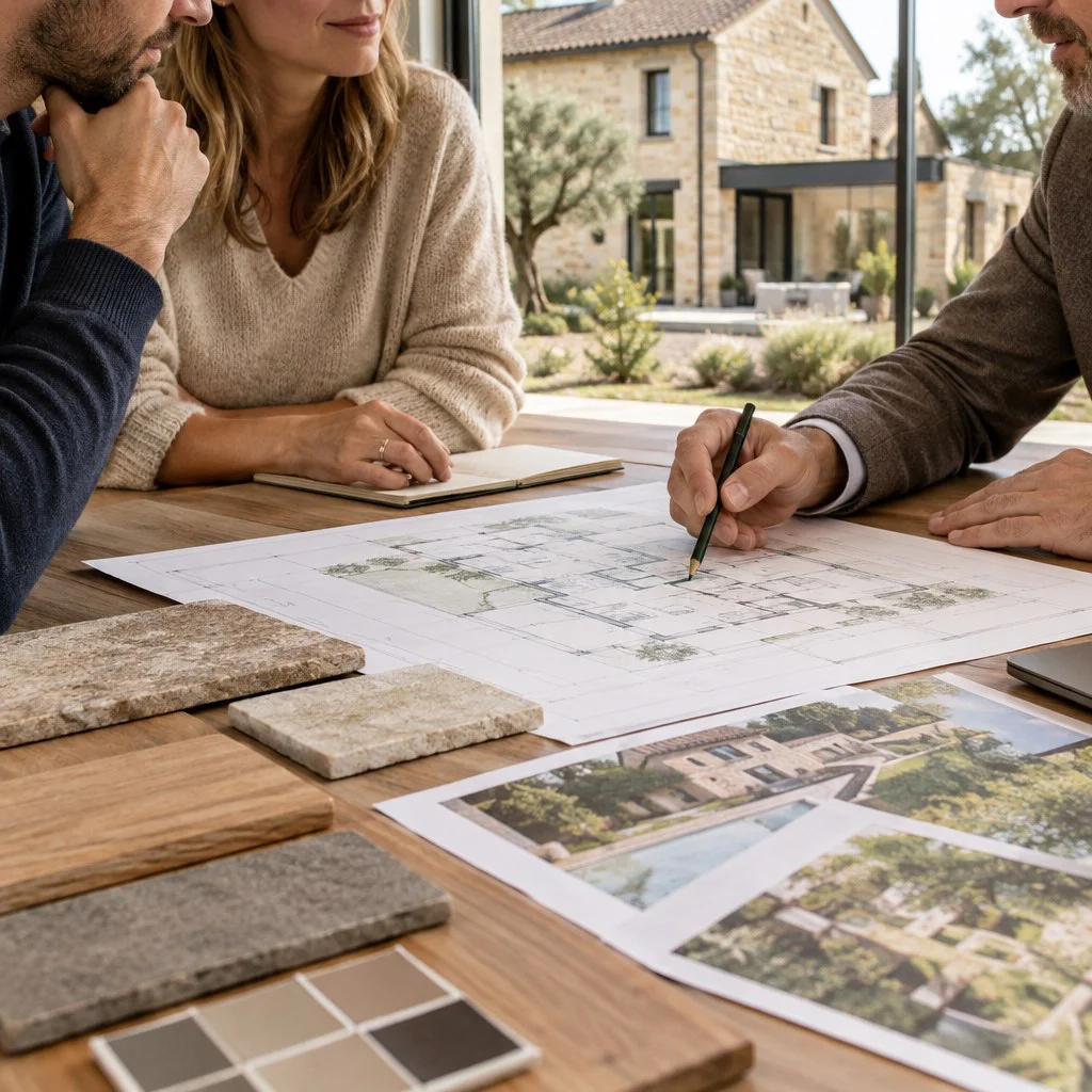 Couple discutant de son projet avec un architecte autour de plans et d'échantillons de matériaux.