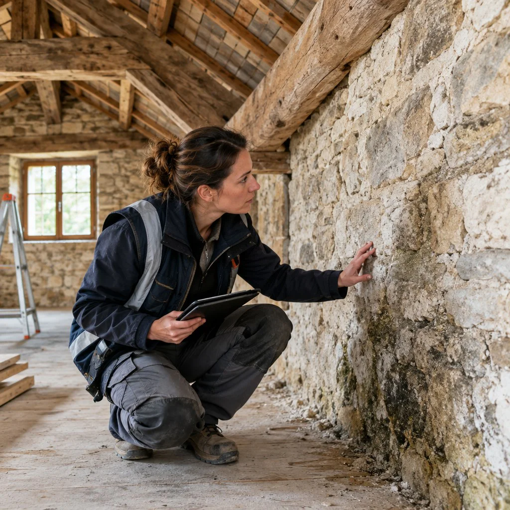 Diagnostic d'un bâtiment ancien par un professionnel examinant murs et charpente.